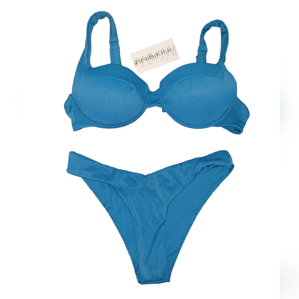 NWT TiniBikini Pagoda Blue Ribbed Underwire Bikini sz L XL *read